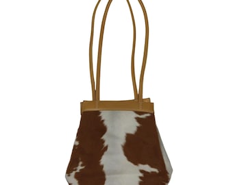 Nine West Tan Leather Brown White Cow Animal Hair Print Satchel Bucket Bag Purse