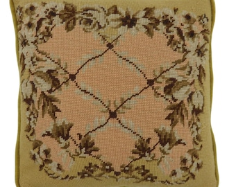 VTG Floral Lattice Needlepoint Pillow Multicolor Velvet Backing Square 13.5in
