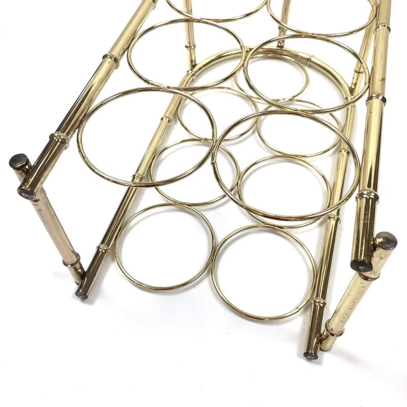 Vintage Hollywood regency gold tone metal bamboo 7 bottle wine rack holder bar retro barware home decor wino lover southern charm preppy