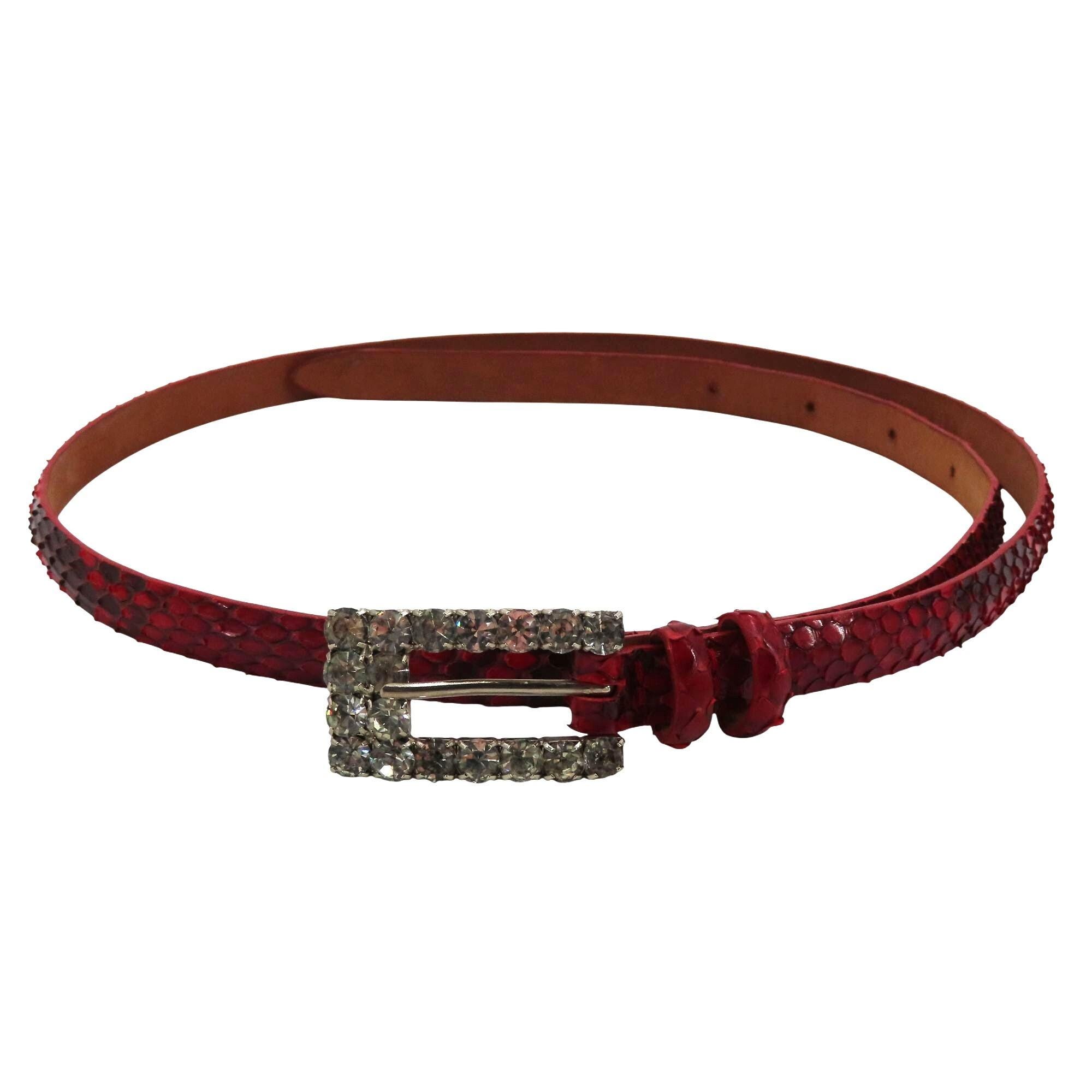 Claudio Orciani Women 80cm Red Genuine Snake Skin Rhinestone Buckle Skinny Belt Claudio Orciani Women 80cm Red Genuine Snake Skin Rhinestone  main image 4