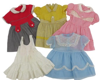 VTG Lot of 5 Girls Dresses Red Yellow Pink White Blue Frilly Lace Trim Chic Cute