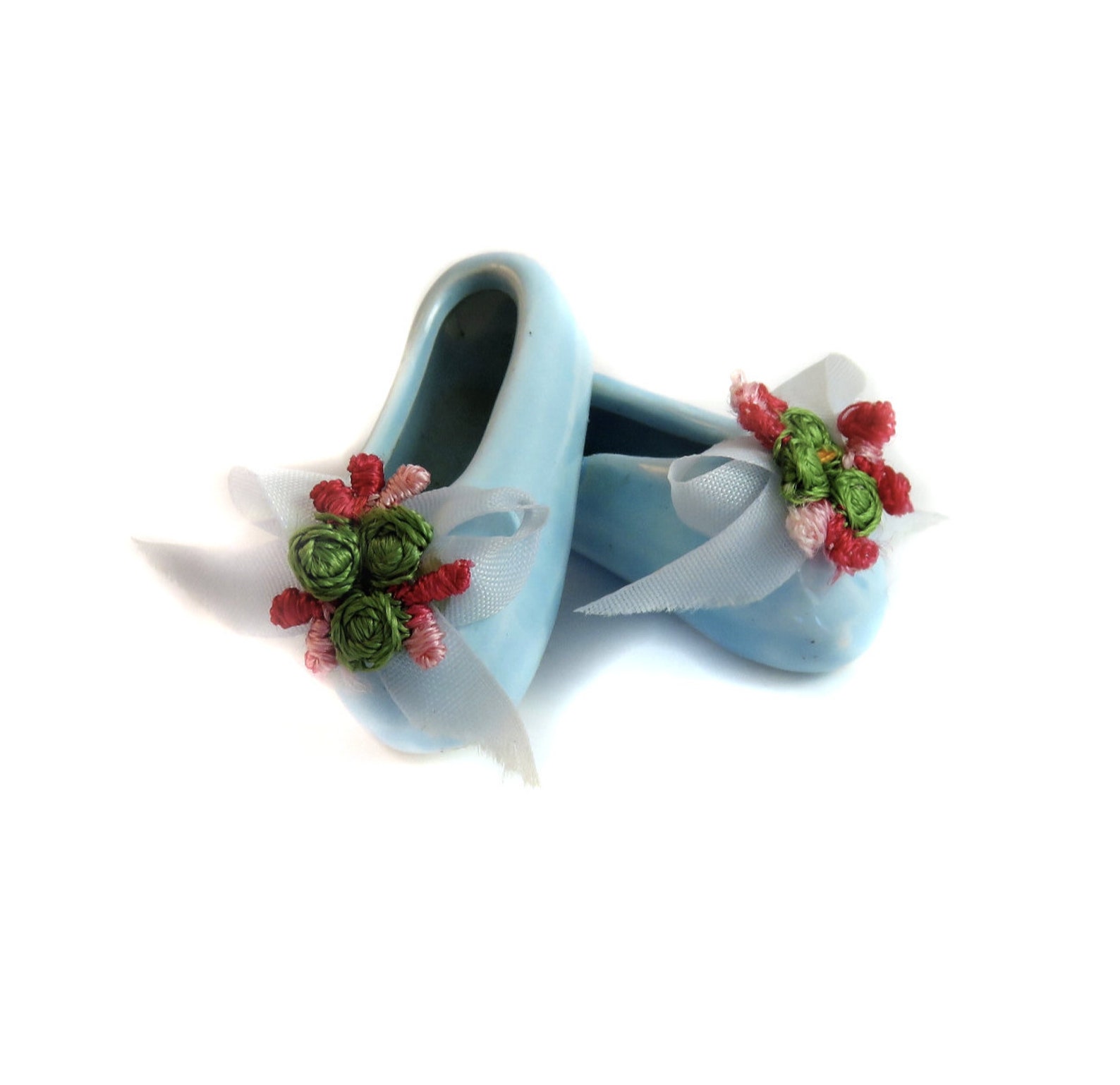 ballet slippers, blue shoes, miniature, collectible, embroidered flowers, bow, ballerina, ballet, vintage ceramic, vintage colle