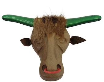VTG Elzac Longhorn Bull Steer Green Lucite Horns Wood Brooch Pin Hair 1940s 40s