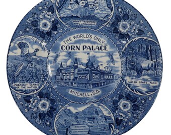 Blue Staffordshire Worlds Only Corn Palace Mitchell SD Souvenir Plate 10in VTG