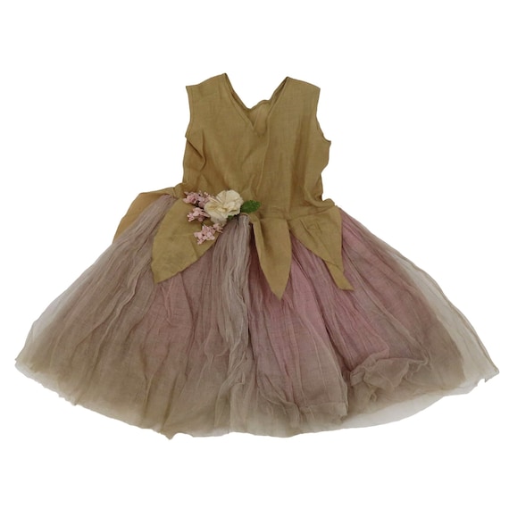 Antique Girl Beige Purple Faux Floral Gauze Skirt… - image 1
