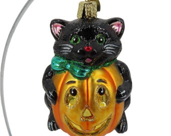 Old World Christmas Black Cat Jack O Lantern Pumpkin Halloween Ornament RETIRED