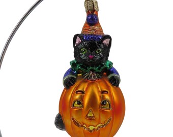Old World Christmas Black Cat Jack O Lantern Pumpkin Glitter Glass Ornament OWC
