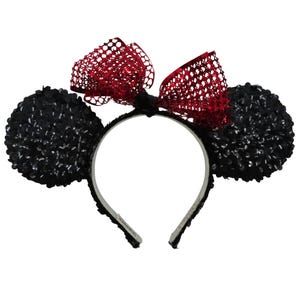 VTG Diana Did It 1996 Disney Black Sequin Minnie Mouse Ears Red Heart Bow 1990s Disney-Park Minnie Mouse Red Sequin Bow Love Heart Ears  main image 3
