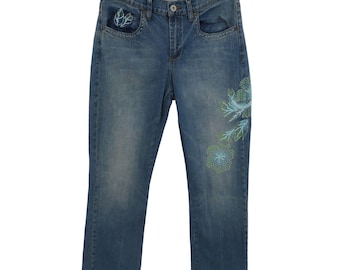 VTG Z Cavaricci Women 10 Distressed Blue Denim Jeans Beaded Flower Floral Design