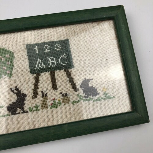 Vintage Bunny Rabbits Bunnies Alphabet School Cross Stitch shops Framed VTG Decor