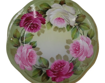Mignon ZS & Co Bavaria Hand Painted L Renault Pink Rose Flower Flowers Plate VTG