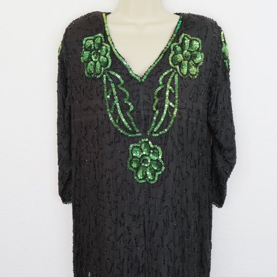 Vintage Womens Medium Black Green Silk Beaded Seq… - image 2