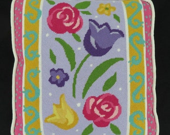 Needlepoint 14in Rose Tulip Pink Yellow Purple Flower Floral Square Throw Pillow