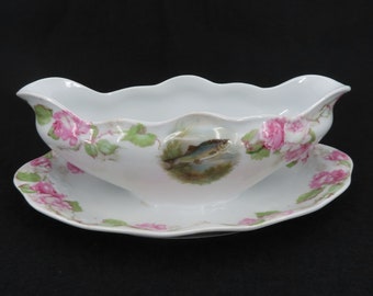 ZS & Co Bavaria Mignon Fish Pink Rose Flowers Floral Oval Gravy Boat Dish VTG