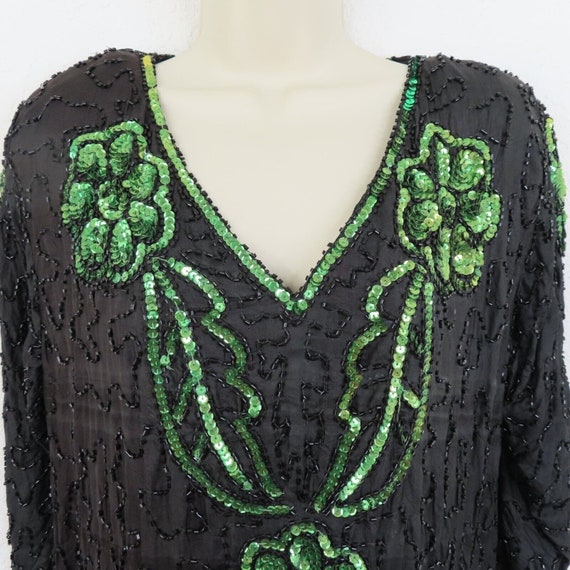 Vintage Womens Medium Black Green Silk Beaded Seq… - image 3