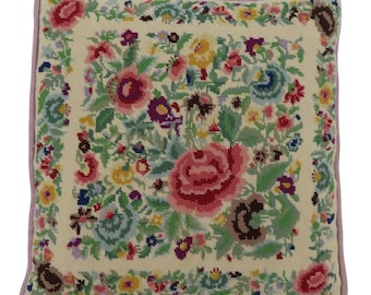 Handmade Multicolor Flower Floral Needlepoint Purple Back Throw Accent Pillow