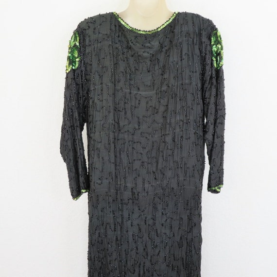 Vintage Womens Medium Black Green Silk Beaded Seq… - image 8