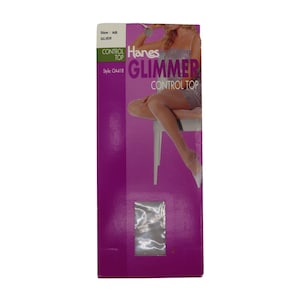 May include: A package of Hanes Glimmer Control Top pantyhose. The packaging is primarily purple with the words "Hanes Glimmer Control Top" in white and silver. The size is AB, and the color is silver.