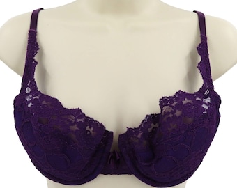 VTG Victorias Secret 36C Purple Floral Flower Lace Push Up Bra Underwire Padded