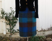 Mid Century Mohair Blend Plaid Pencil Skirt Mod Bright Blue