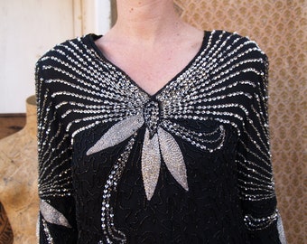 Vintage Heavily Sequinned and Beaded Black & Silver Blouse