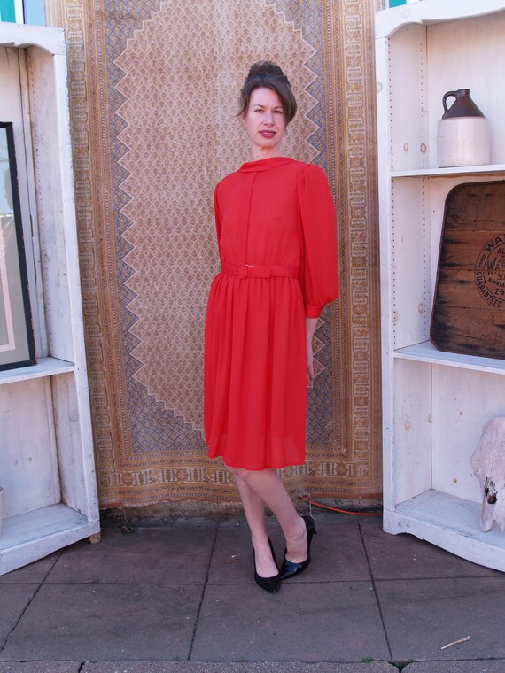 Gorgeous Pure Red Sheer Eighties Midi Date Dress - image 3