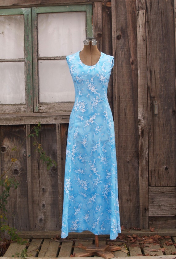 Vintage Baby Blue Floral Maxi Dress Bridesmaid Dre