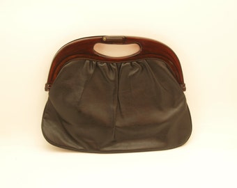 Vintage Black Leatherette and Faux Tortoiseshell Handle Bag
