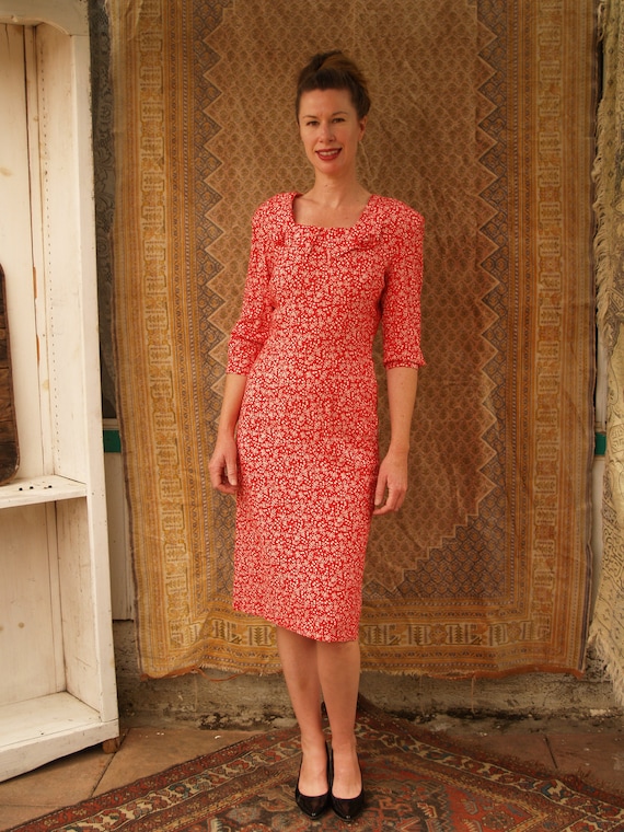 Nineties Does Forties Rayon Red and White Calico Wiggle Dress With