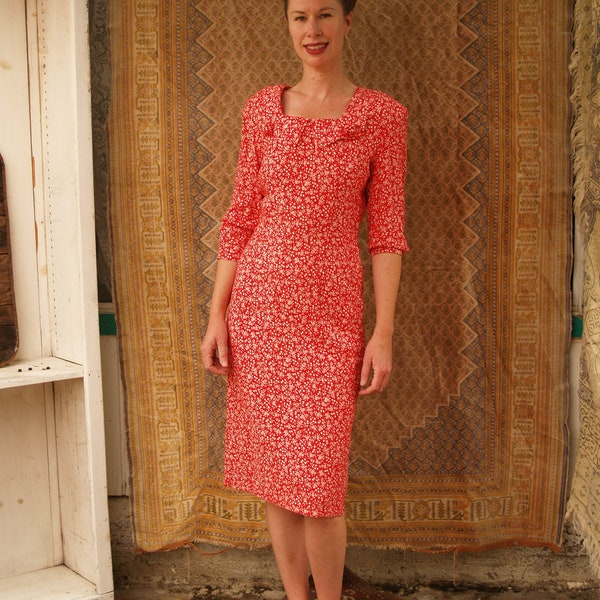 Nineties does Forties Rayon Red and White Calico Wiggle Dress with Rosette Details