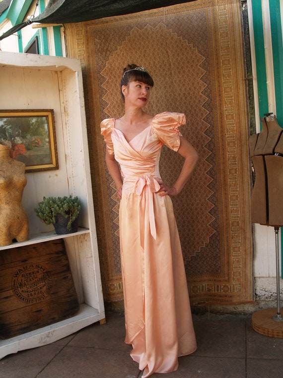 Vintage Seventies Peach Satin Princess Dress with… - image 3