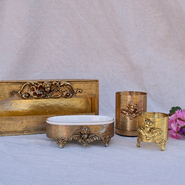 Hollywood Regency Gold Vanity Set with Cherubs Four Pieces