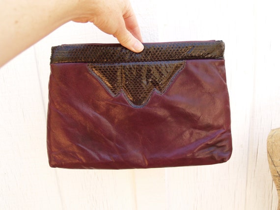 Vintage 1980's Leather and Snake Skin Aubergine P… - image 1