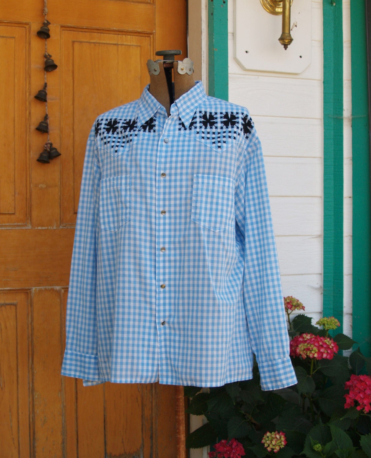 Vintage Western Shirt//blue Gingham//black Embroidered//pearl - Etsy