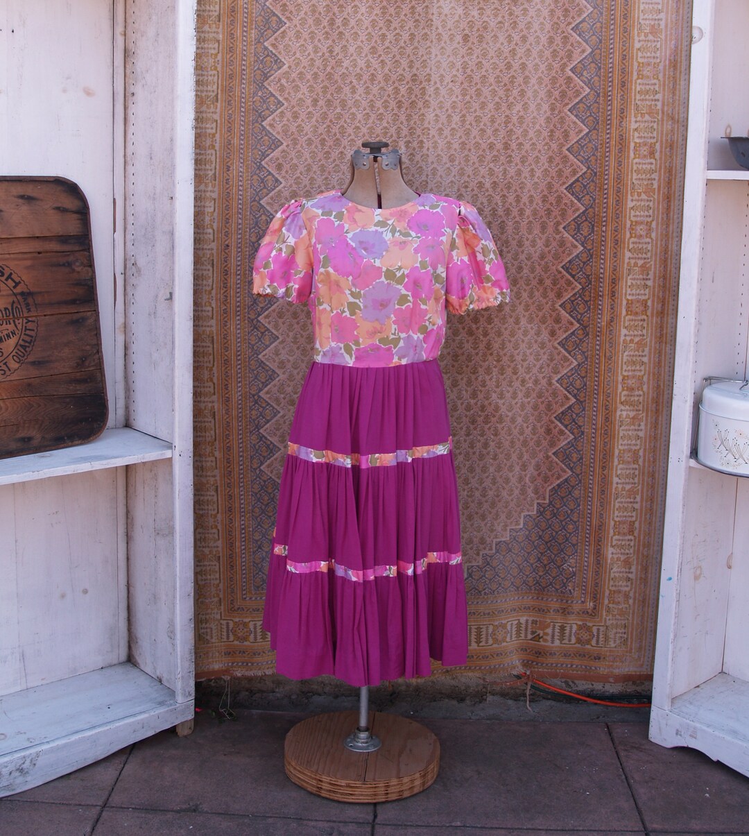 Vintage Tiered Skirt Patio Dress in Bright Floral Etsy