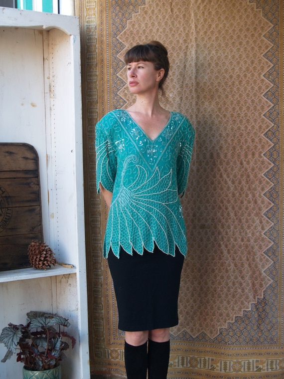 Vintage Eighties Heavily Beaded Silk Formal Blouse - image 1