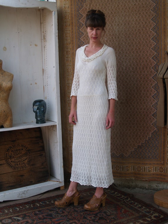 Open Knit Seventies Maxi Dress//Crochet Wedding D… - image 1