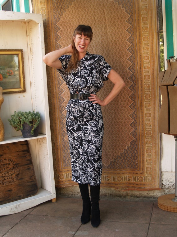 Vintage Black and White Roses Eighties Wiggle Dres
