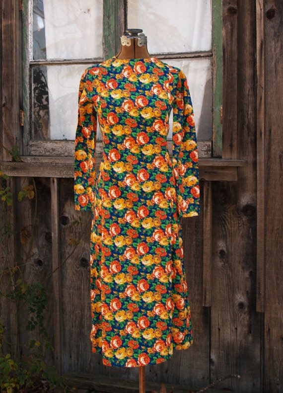 Vintage Bright Floral Mid Century A Line Midi Day