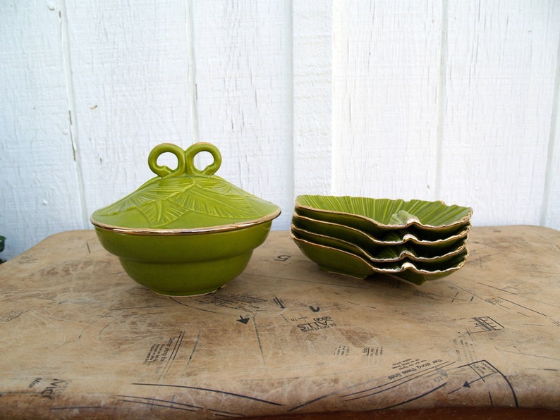 Vintage USA Pottery Lazy Susan Tropical Leaf Snack Set With Etsy