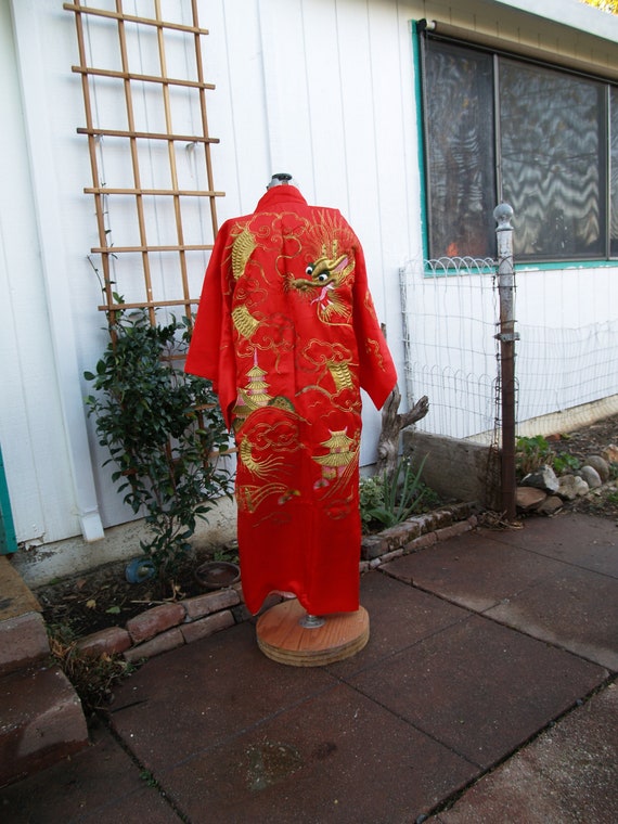 Vintage Full Length Chinese Red Silk Dragon Embroi