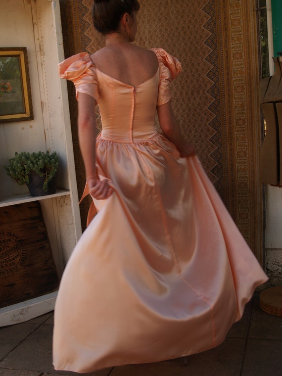 Vintage Seventies Peach Satin Princess Dress with… - image 10