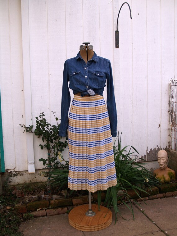 Long Pleated Skirt//Yellow and Blue Stripes - image 1