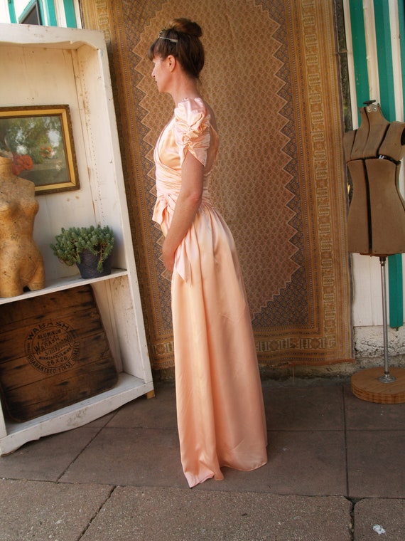 Vintage Seventies Peach Satin Princess Dress with… - image 5