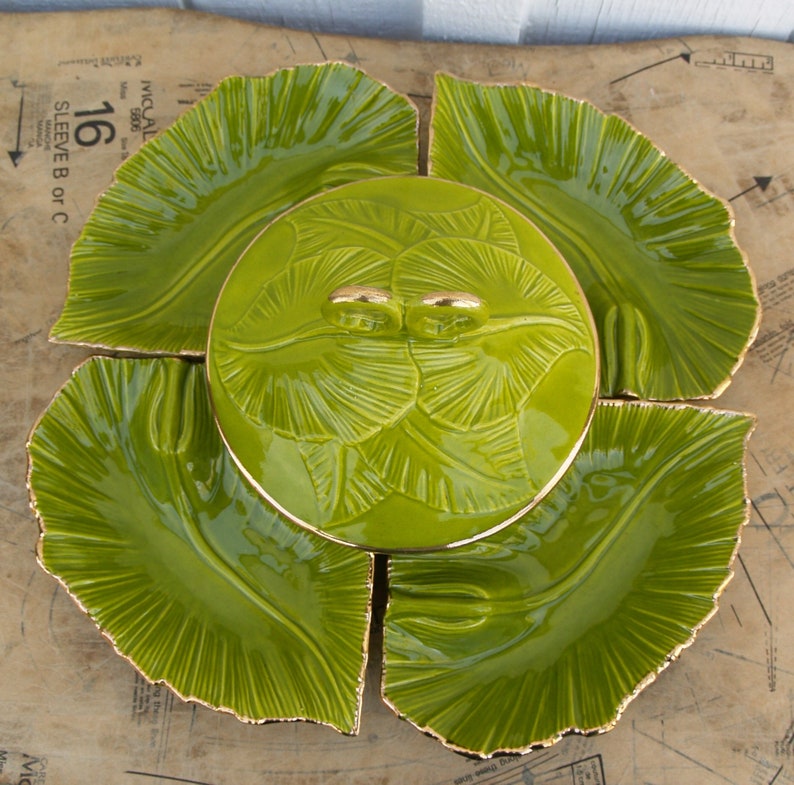 Vintage USA Pottery Lazy Susan Tropical Leaf Snack Set With Etsy