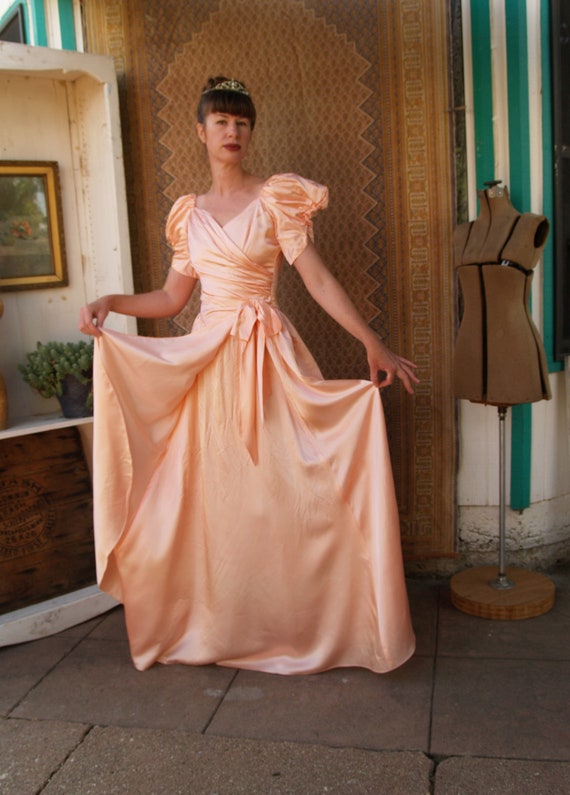 Vintage Seventies Peach Satin Princess Dress with… - image 1