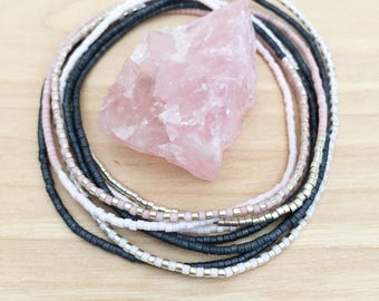 Rose Quartz modern delicate glass seed bead necklace/ wrap bracelet