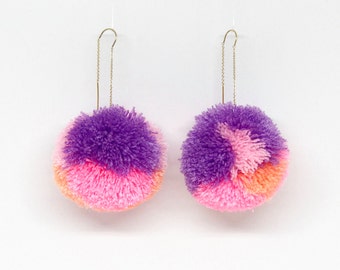 Color Blocked Pom pom drop threader earrings