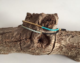 Colorful mint modern layered delicate seed bracelet on black string