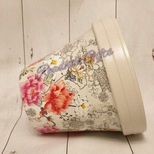 Hand Painted and Decoupaged Pot Decorated with Vibrant Orange and Pink Flowers